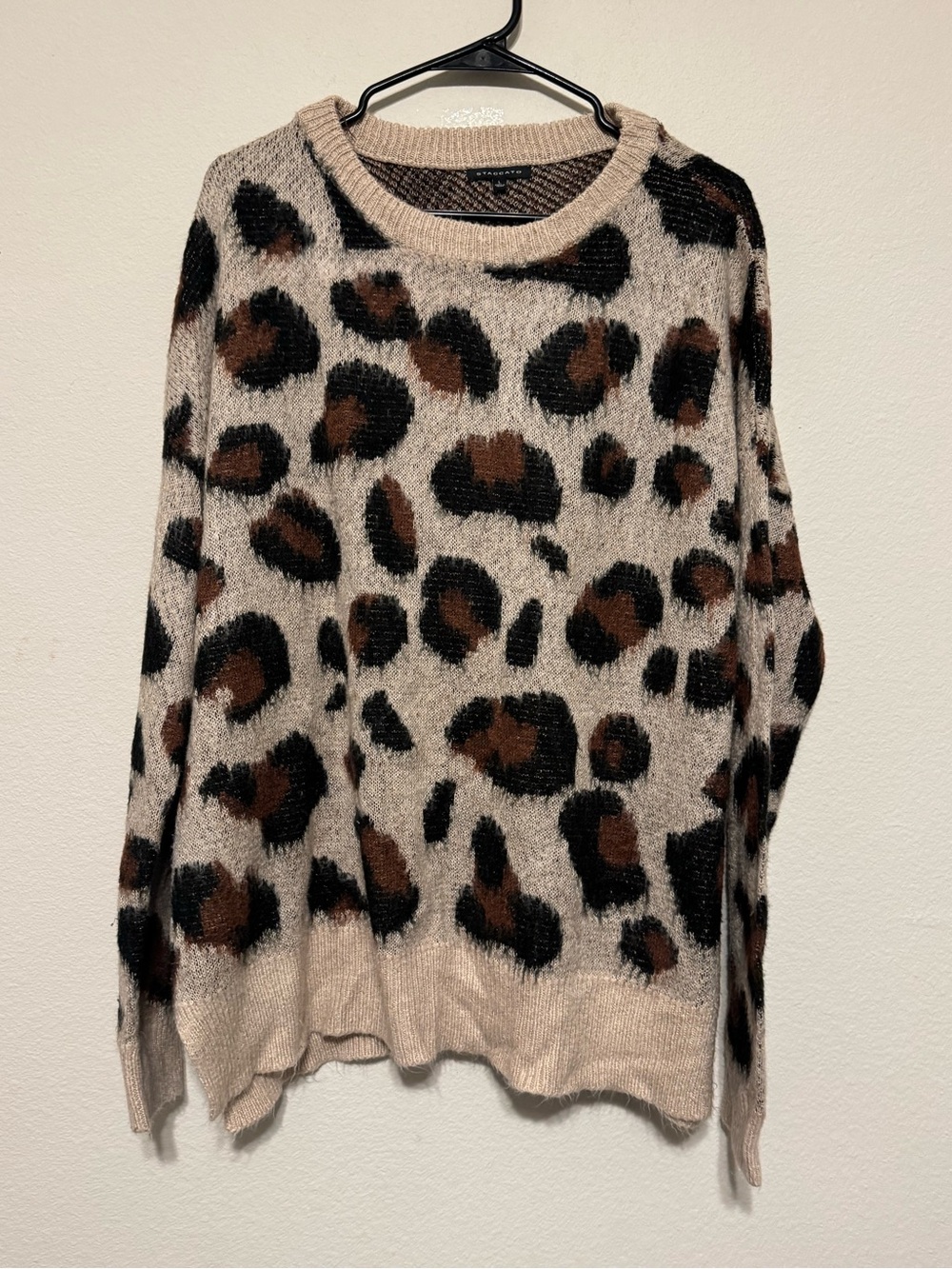 Staccato Beige Leopard Print Fuzzy Crewneck Sweater